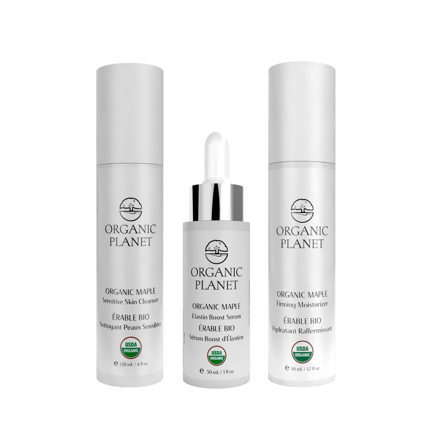 Organic Maple Grove Bundle – Sensitive Skin Cleanser, Elastin Boost Serum & Firming Moisturizer to gently cleanse, preserve elastin, and firm skin naturally.
