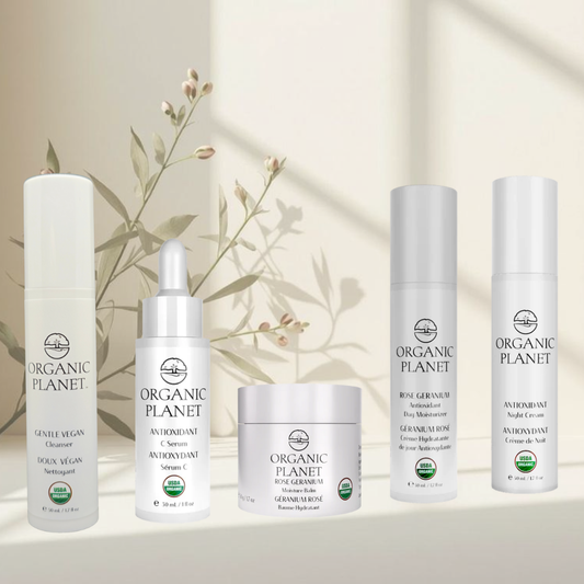 A complete 5-piece USDA Organic skincare set including cleanser, serum, day and night creams, and moisture balm in elegant glass packaging. Collection of Organic Planet skincare products on a neutral background with a subtle plant design.