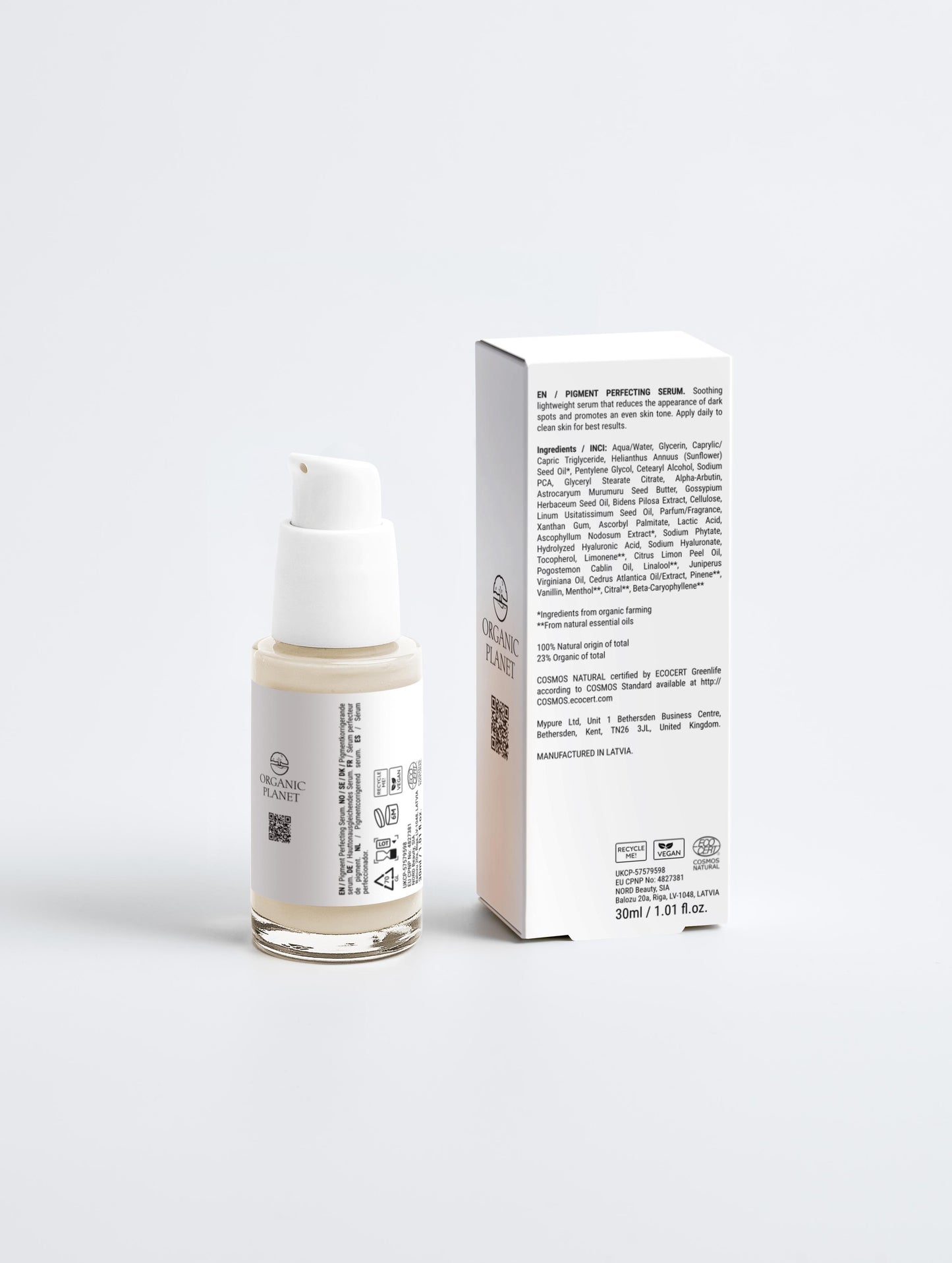 Skincare bottle and box on a white background. This serum reduces dark spots and promotes even skin tone with a lightweight, hydrating formula. It calms and clarifies while targeting pigmentation for a brighter complexion. Features a refined scent of vetiver, wood, and almond.