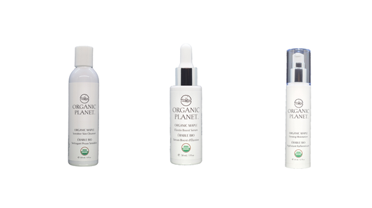 Three bottles of Organic Planet skincare products on a white background. Skin Replen Bundle.