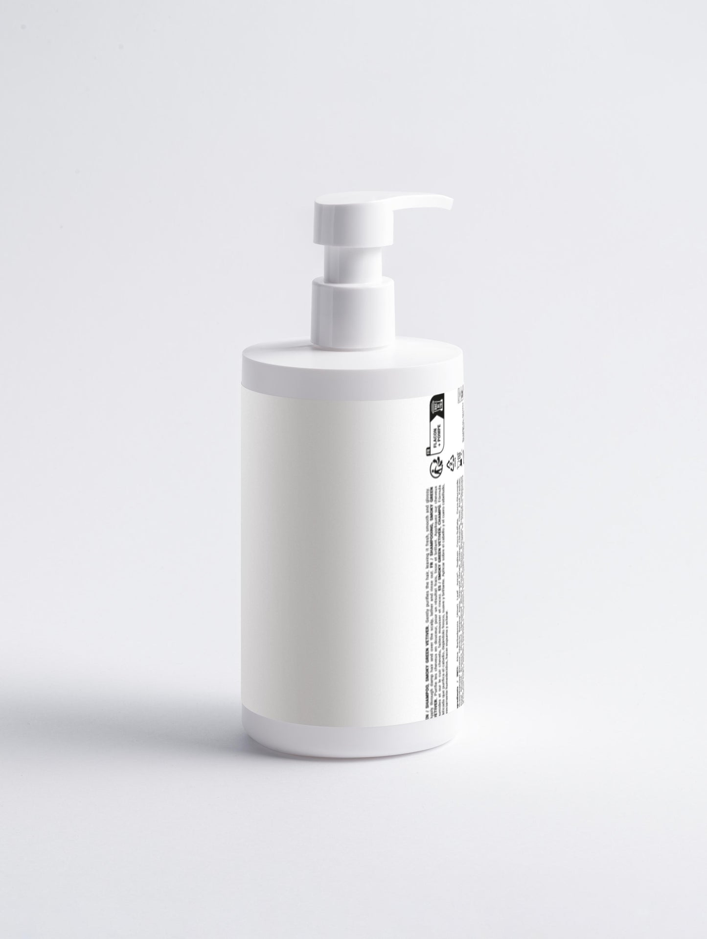 White bottle with pump dispenser on a light gray background. Vetiver Gloss Shampoo gently cleanses and nourishes hair, leaving it smooth, shiny, and healthy. With vetiver oil, glycerin, and squalane, it adds moisture, strengthens hair, and soothes the scalp. Suitable for all skin types.